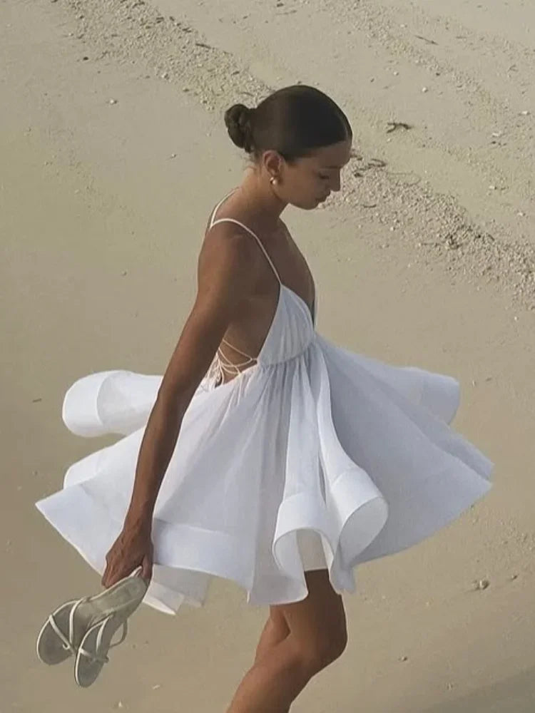 Elegant Yellow Pleated A-line Hem Mini Dress Women Sexy Sleeveless Open Back Lace-up Dresses Summer Lady Holiday Beach Vestidos White