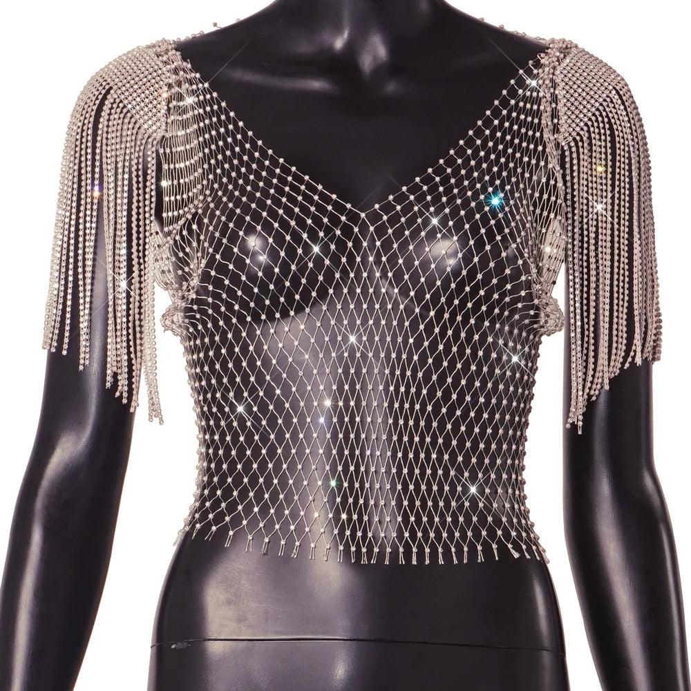 Women's Sexy V-neck Rhinestone Short Crop Top Blink Crystal Tassel Fringe Shoulder Decor Diamond Fishnet Shirt khaki