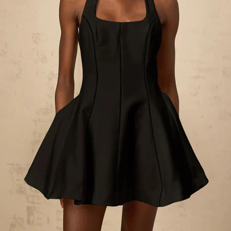 Solid Slimming Fashion Mini Dresses for Women Halter Neck Sleeveless Patchwork Bow Tunic Elegant Dress Female New BLACK