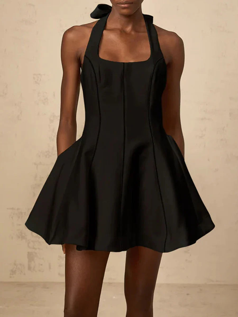 Solid Slimming Fashion Mini Dresses for Women Halter Neck Sleeveless Patchwork Bow Tunic Elegant Dress Female New BLACK