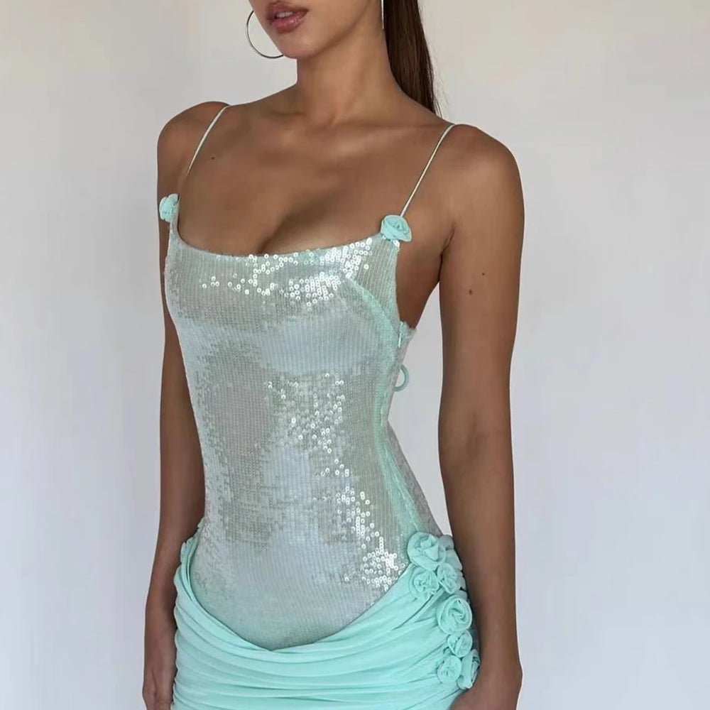 2025 New Stereoscopic Flowers Sequin Patchwork Sling Short Evening Dress Sweet Woman Birthday Party Dress Performance Costume