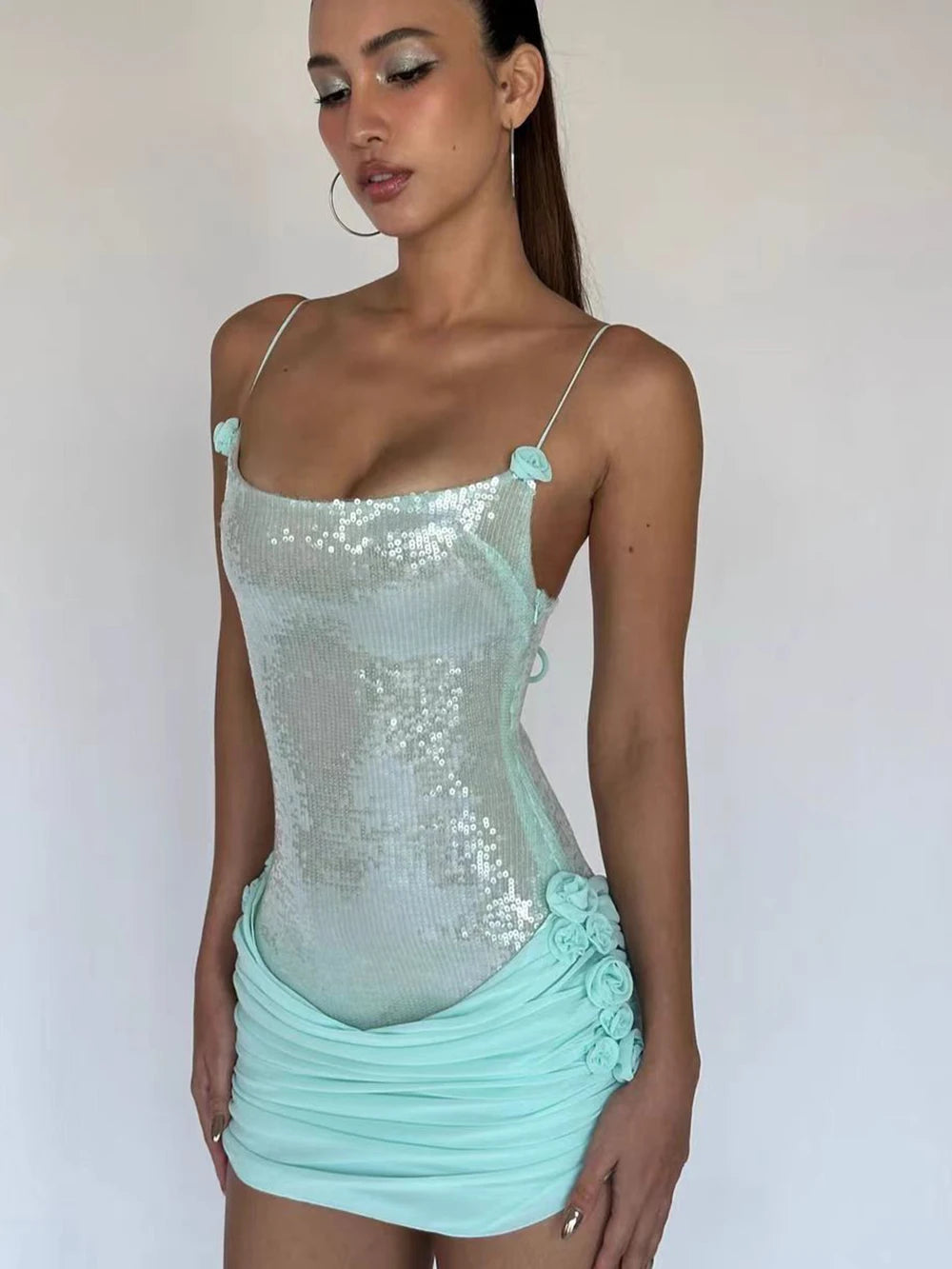 2025 New Stereoscopic Flowers Sequin Patchwork Sling Short Evening Dress Sweet Woman Birthday Party Dress Performance Costume