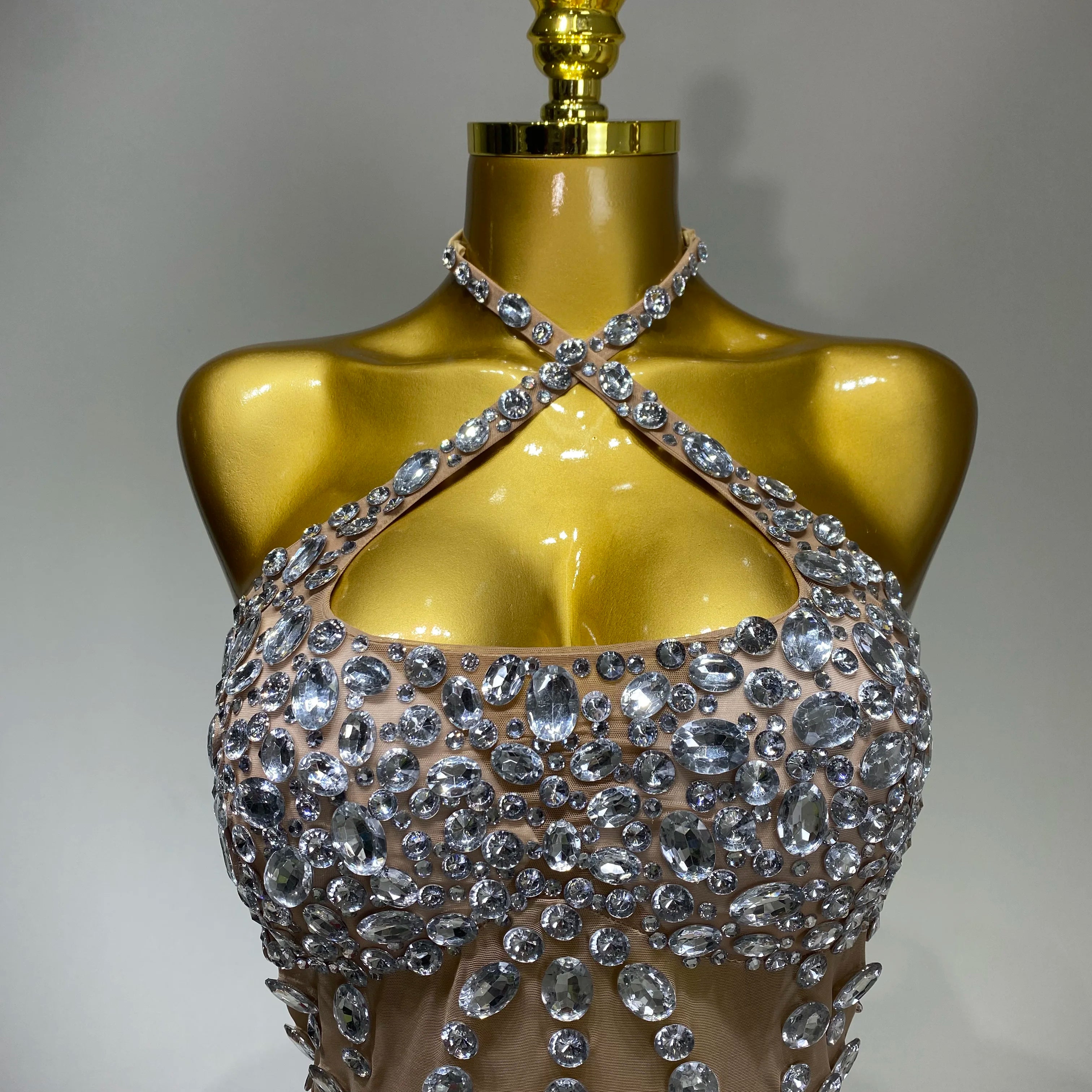 Luxury Rhinestone Evening Party Dress Women Sexy Halter See Through Mesh Luxury Birthday Gowns Nightclub Singer Stage Outfit