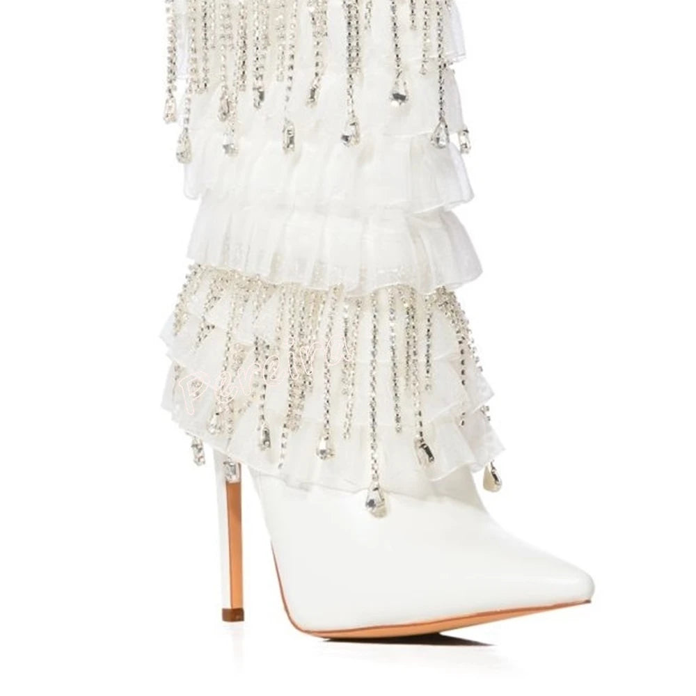 White Diamond Mid-calf Boots Stiletto Women's Autumn Vintage Leather Sexy Fashion Elegant Party Lady Shoes Weeding New Arrivals