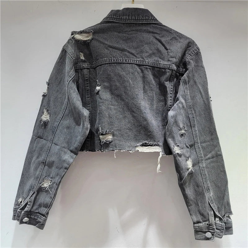 Autumn Winter New Fashion Colorful Rhinestone Tassel Distressed Denim Jacket For Women Short Skirt Female 11A07618