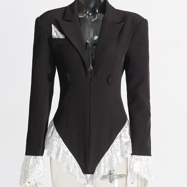 Colorblock Spliced Lace Jumpsuits For Women Lapel Long Sleeve Tunic Patchwork Button Slimming Chic Jumpsuit Female