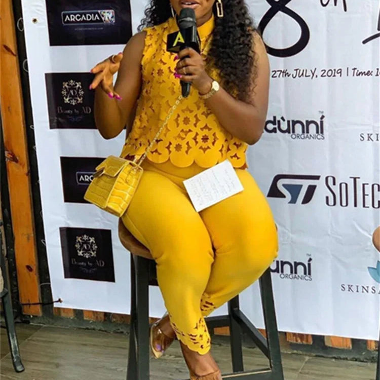 Wmstar Women Two Piece Set Plus Size Summer Fashion Sleeveless Casual Outfits Solid Color Holiday Long Pants Office Streetwear