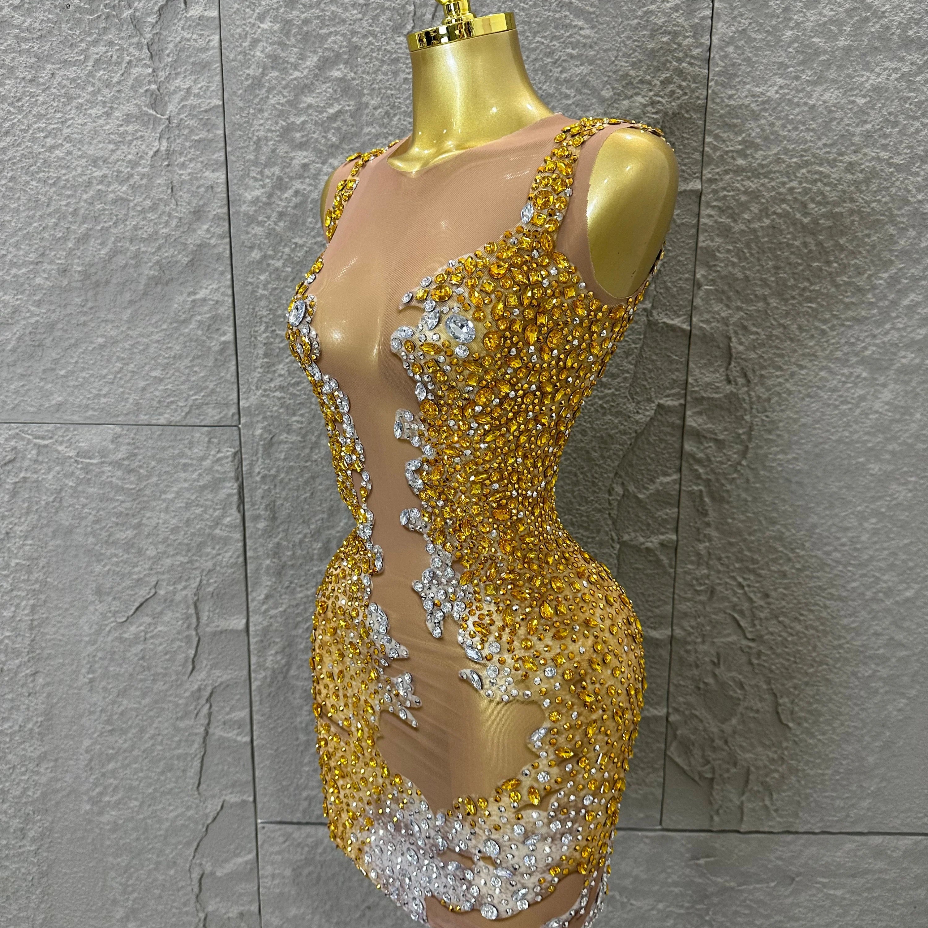 2026 New Sexy Fashion Gold Sparkly Dance Show Stage Costume Women Birthday Party Rhinestones Tassels Transparent Short Dress
