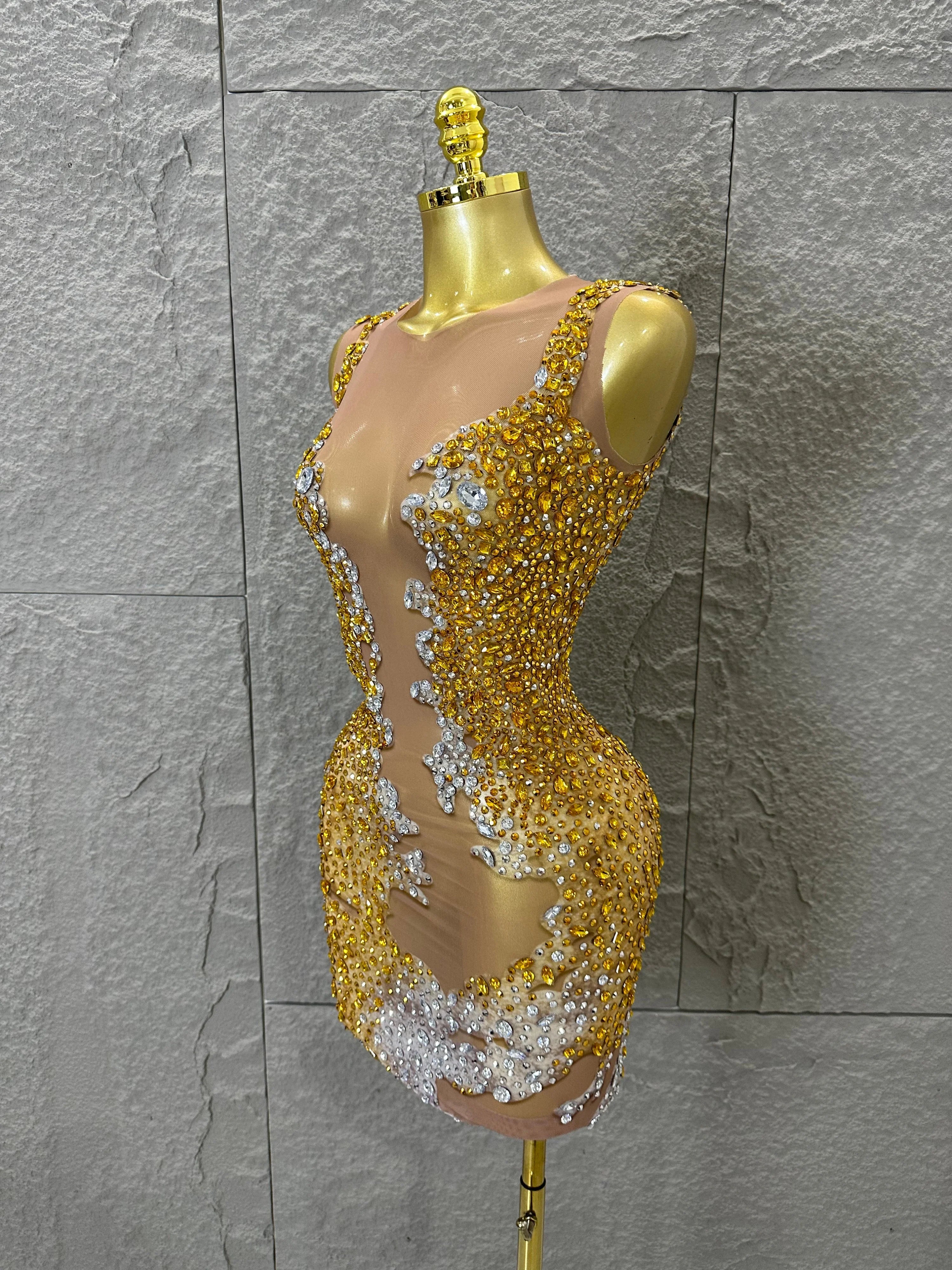 2026 New Sexy Fashion Gold Sparkly Dance Show Stage Costume Women Birthday Party Rhinestones Tassels Transparent Short Dress