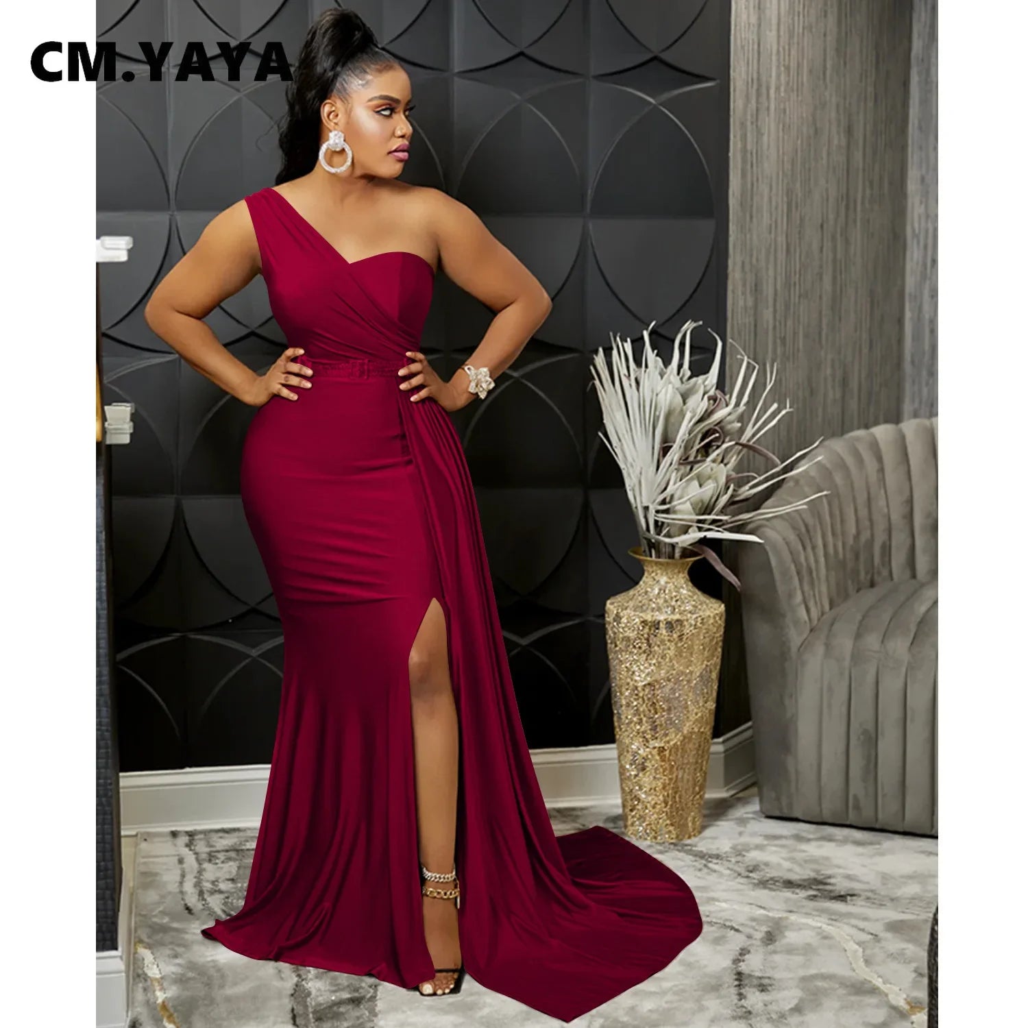 One Shoulder Skew Neck Tassel Side Floor Length Mermaid Long Maxi Dress Women 2022 Sexy Party Club Even Prom Dresses Burgundy