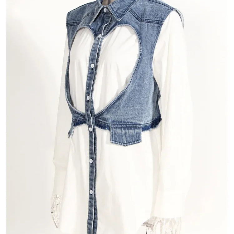 DEAT Fashion Women's Denim Shirt Lapel Loose Hollow Out Single Breasted Denim Splice Fake Two Pcs Blouse Summer New 17A8112