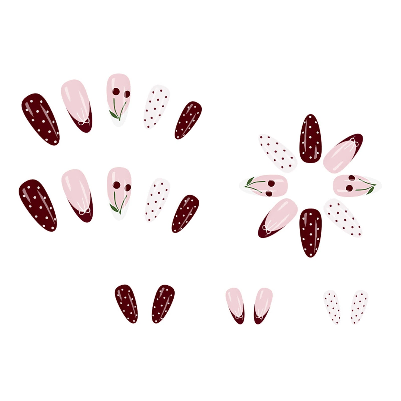 24Pcs Wine Red Almond Fake Nails with Polka Dot/Bowknot/Cherry Designs French Press On Nails Women Girls New Year Charm Manicure