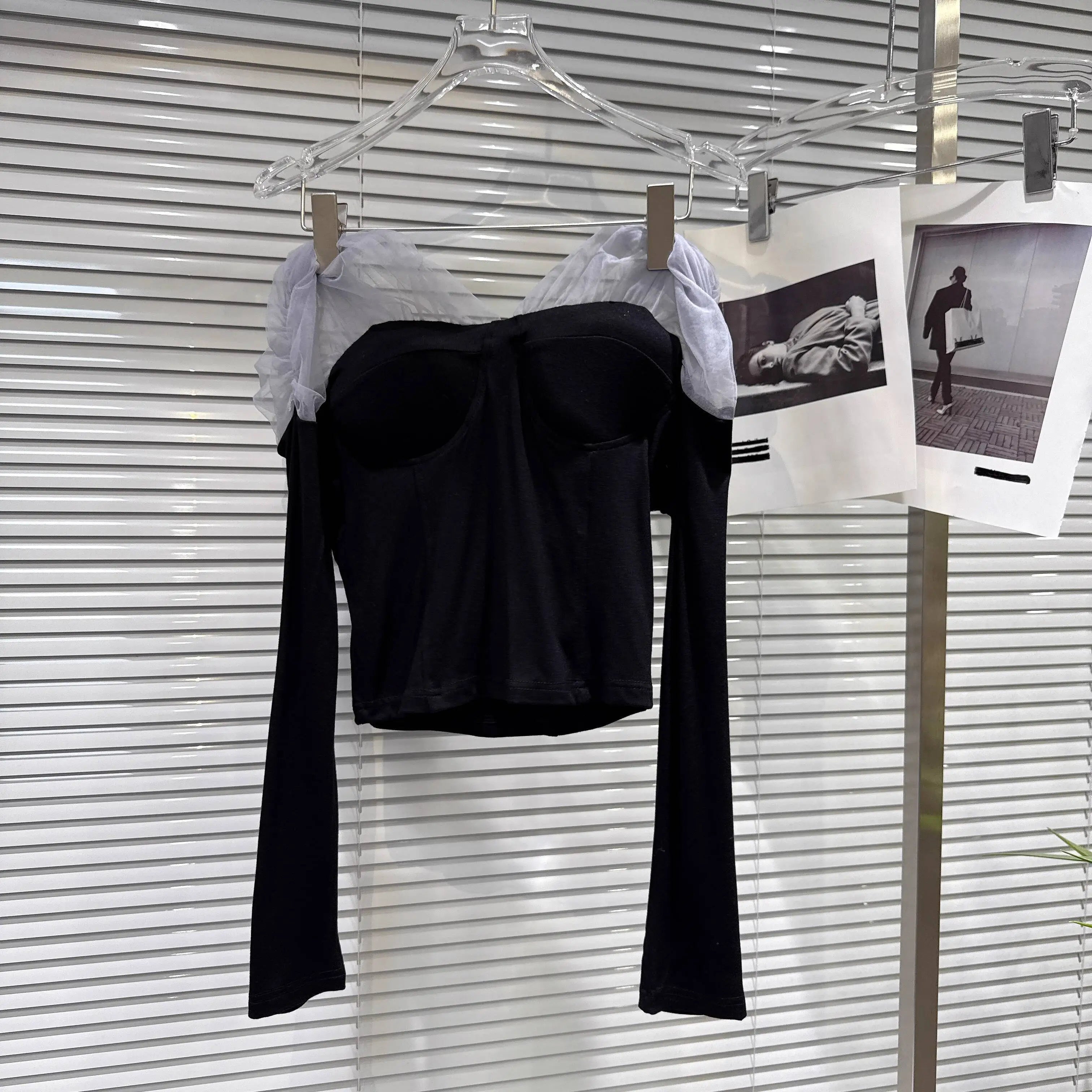 Winter New Fashion Sweet Mesh Patchwork Design Chest Pad Long Sleeve T-Shirt For Women Slim Fit Tops Female 11A07751 Dark Gray One Size