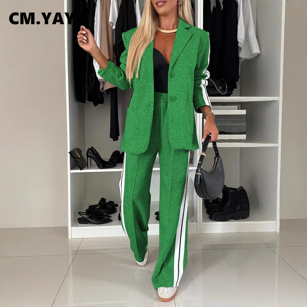 CM.YAYA Elegant Women Pants Suit and Long Sleeve Blazer Matching Set OL Streetwear Two 2 Piece Set 2024 Winter Ribbon Outfits
