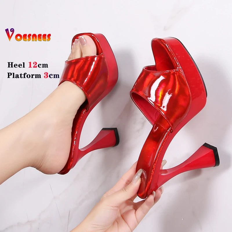 2024 Laser 12CM Women Sandals Peep Toe Platform Shiny Colors Block Heels Pumps Summer Thick High Heel Shoes Woman Outdoor Slides As Picture Shown 3