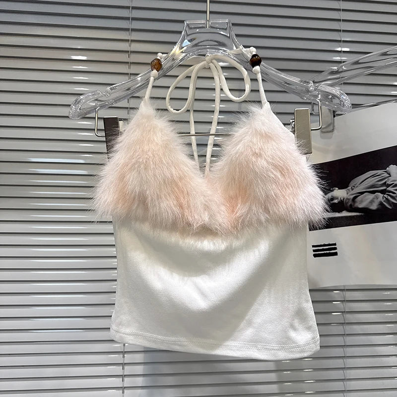 Winter New Elegant Fashion Fur Patchwork Backless Tie Halter Neck Camisole For Women Slim Fit Tank Top Female 11A07479