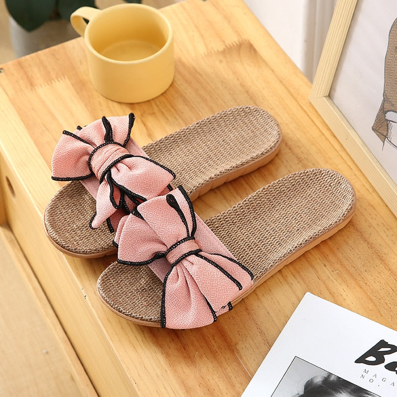 Women Summer Casual Slides Comfortable Flax Slippers Striped Bow Ya Ma Flip Flops Platform Sandals Ladies Indoor Shoes Pink