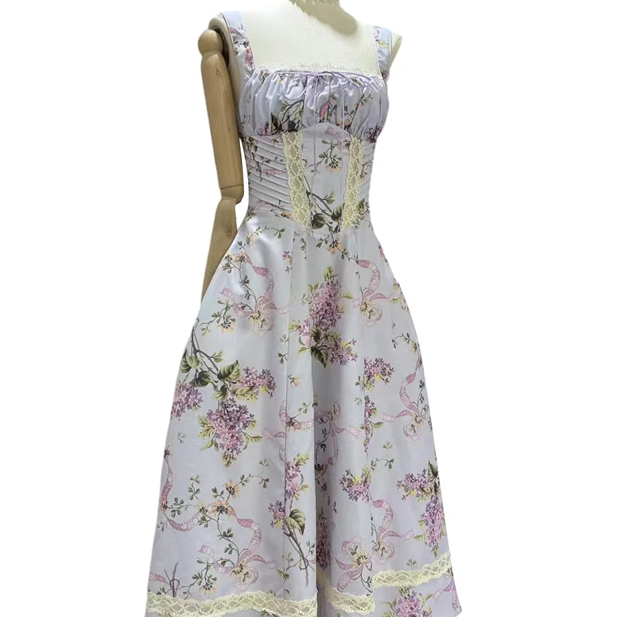 Printing Hollow Out Spliced Lace Elegant Dresses for Women Square Neck Sleeveless Patchwork Pockets Dress Female PURPLE