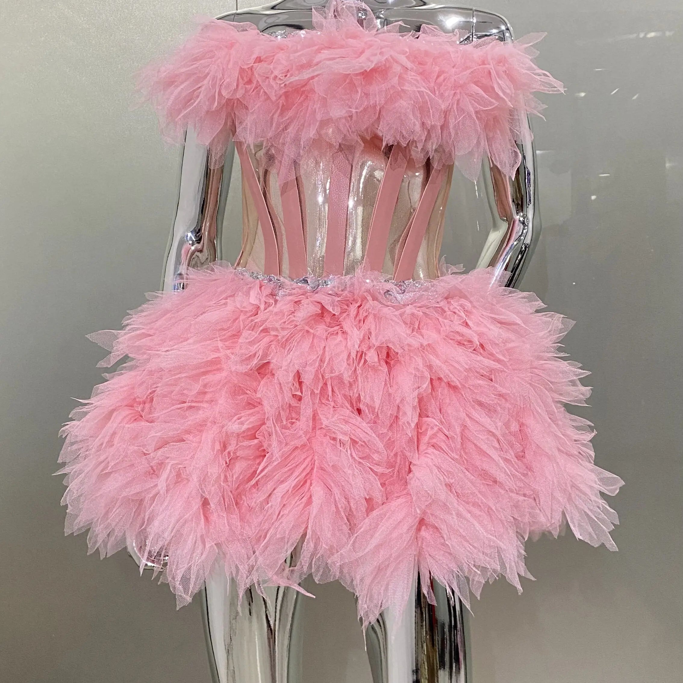 Pink Sweet Woman Set Sparkling Crystal Strapless Top And Mini Puffy Skirt 2 Pieces Birthday Party Vestido Performance Costume Pink