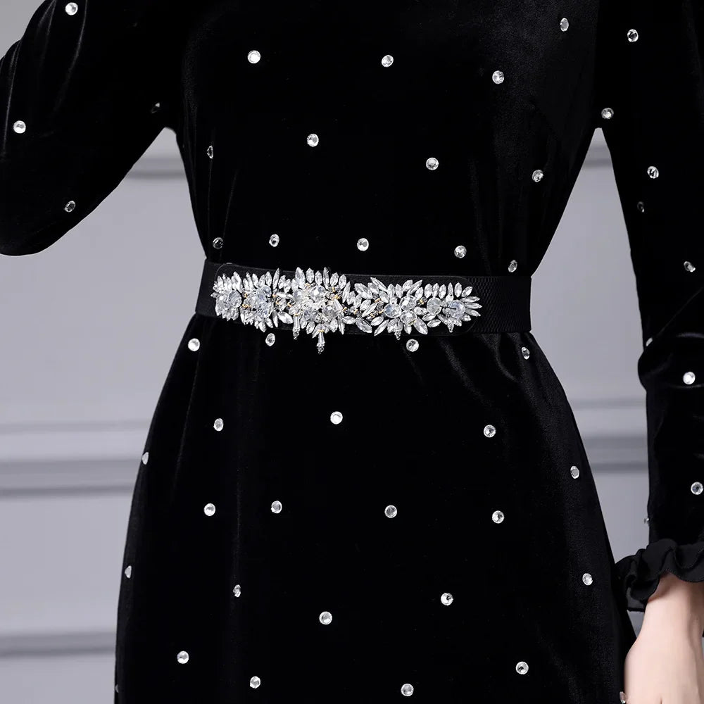 Solid Slimming Spliced Wave Point Elegant Dresses for Women Round Neck Long Sleeves Patchwork Bead Dress Female New