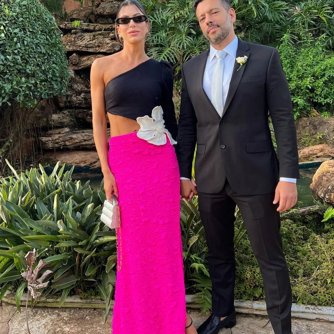 White Beading Flower Sexy One Shoulder Expose waist Black Patchwork Rose Red Mid Calf Dress Elegant Woman Evening Dress