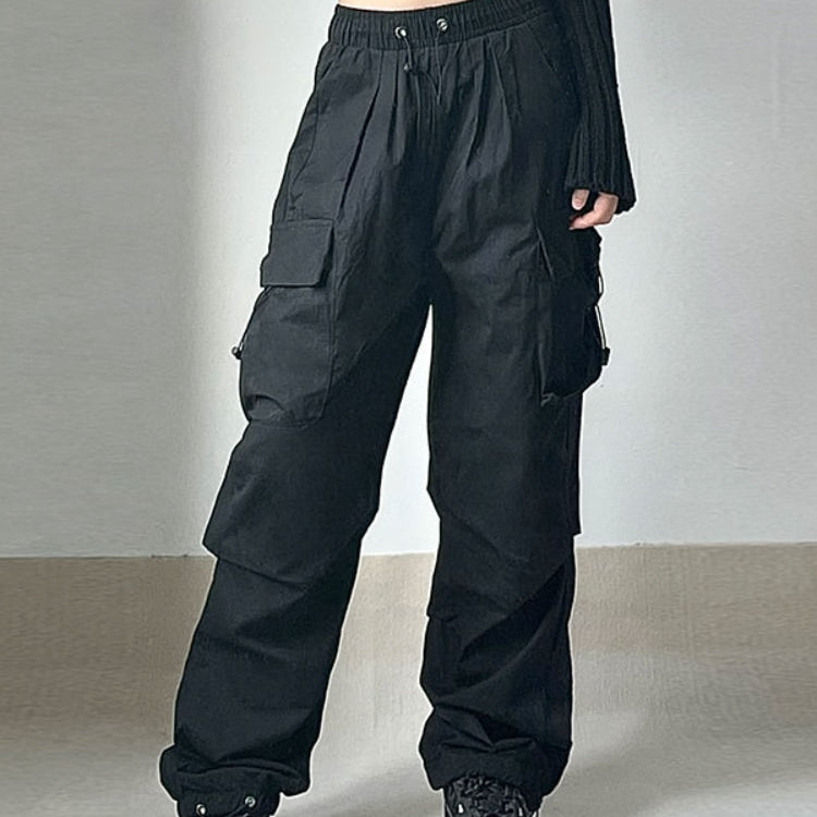 Women Parachute Cargo Pants Hip Hop Streetwear Casual Harajuku Elastic Waist Wide Leg Pants Fashion New Solid Straight Trousers Black