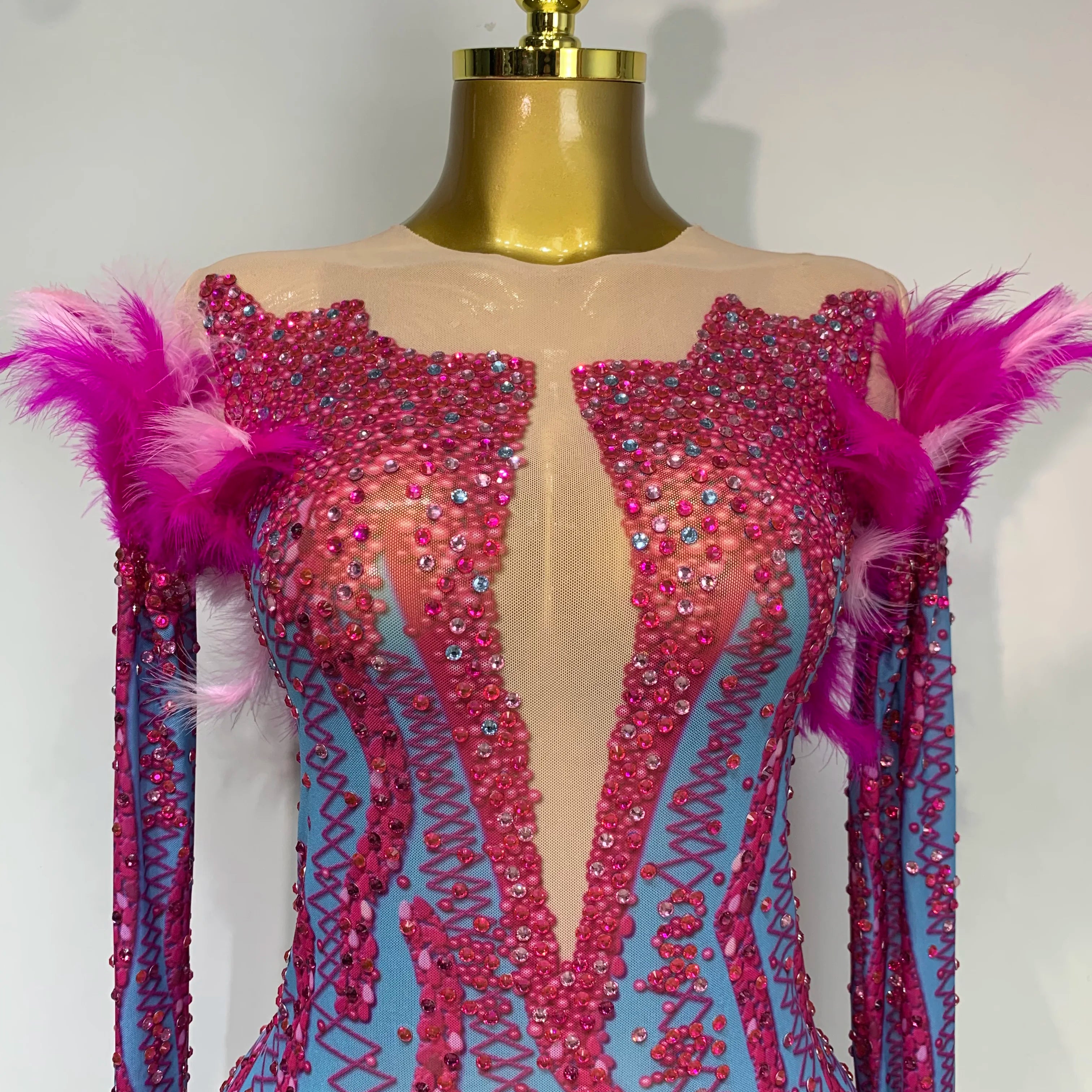 Women Sexy Mesh See Through Diamond Feather Dress 2025 Elegant Evening Party Luxury Birthday Nightclub Performance Stage Costume