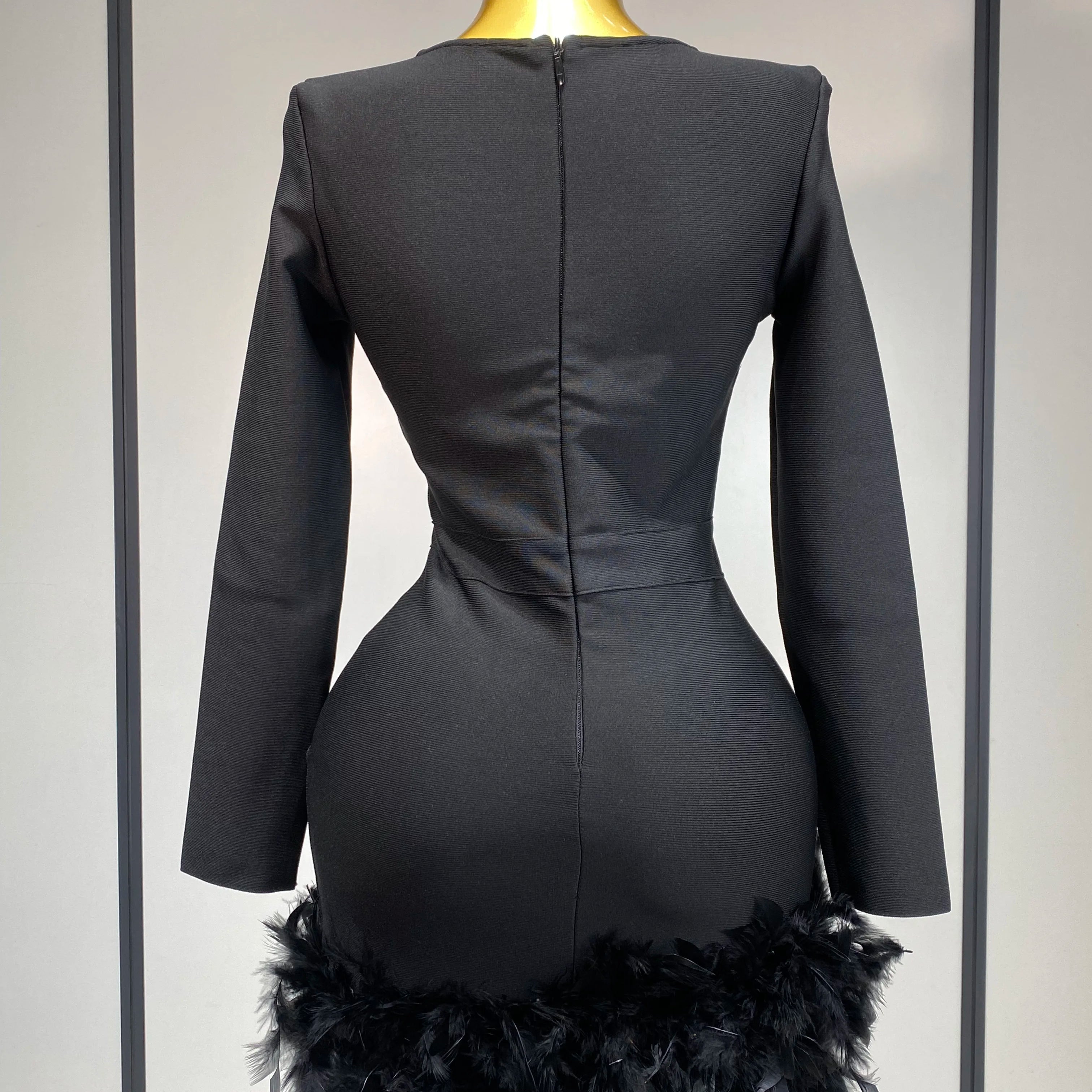Women Fashion Sexy V Neck Long Sleeve Black Feather Mini Bodycon Bandage Dress Elegant Evening Club Birthday Party Dress