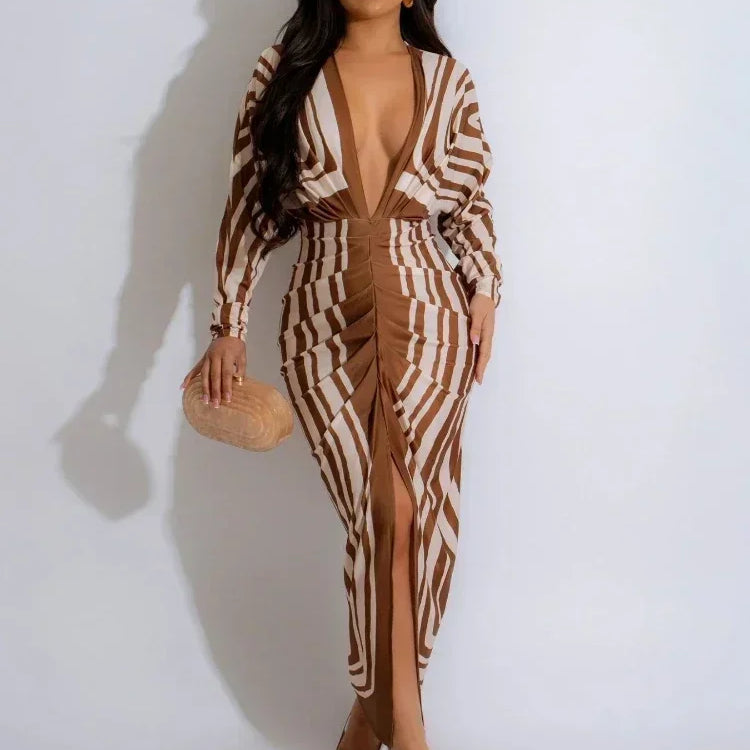 2024 Autumn V-neck Ruched Stacked Midi Dress Women Full Sleeve Print Bodycon Night Club Party Bandage Dresses Vestidos