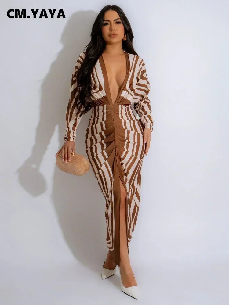 2024 Autumn V-neck Ruched Stacked Midi Dress Women Full Sleeve Print Bodycon Night Club Party Bandage Dresses Vestidos