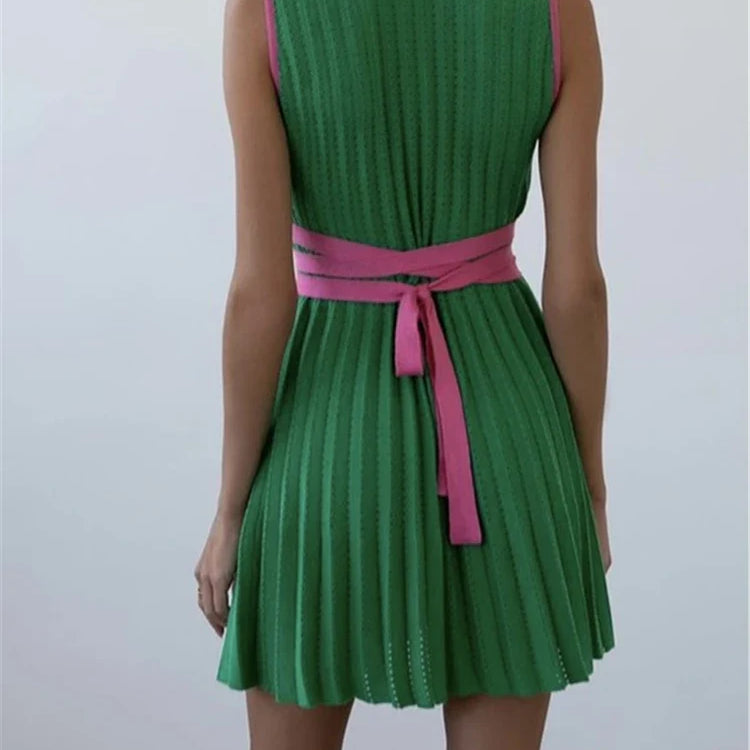 REALEFT Summer Deep V-Neck Knitted Women's Dresses High Waist Lace Up Casual Sleeveless Solid Sexy Mini Dresses Female Ladies