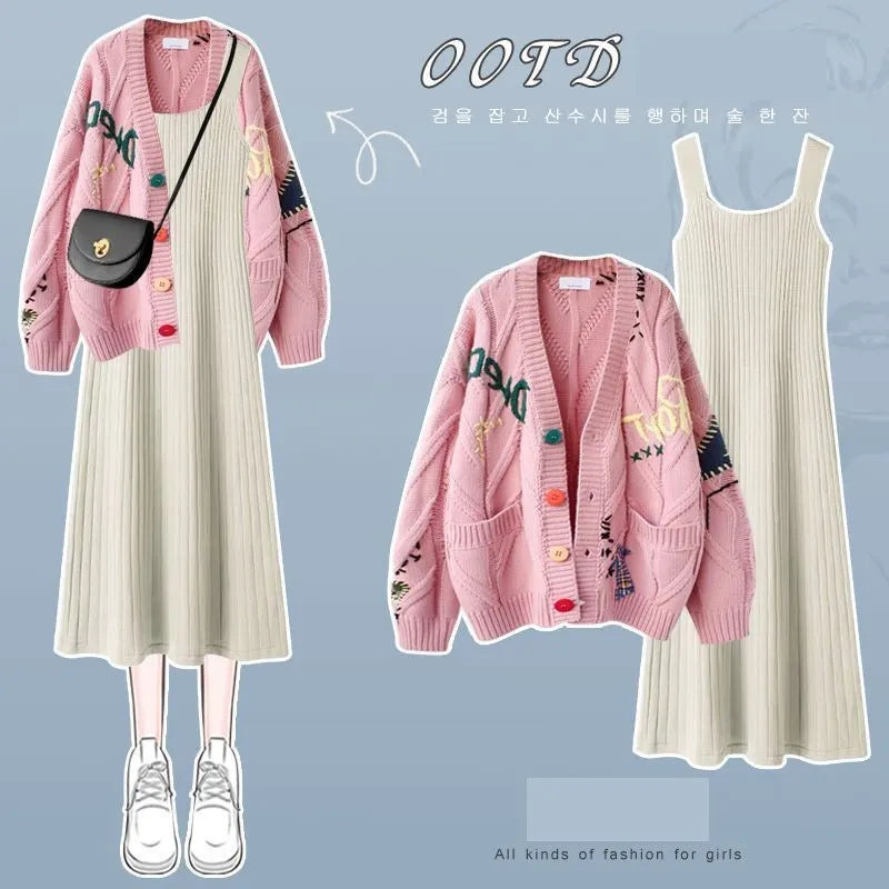 Women's 2024 Autumn/Winter New Fashion Knitted Sweater Dress Matching Set Korean Elegant Cardigan Sling Skirt Two Piece Suit Set 02