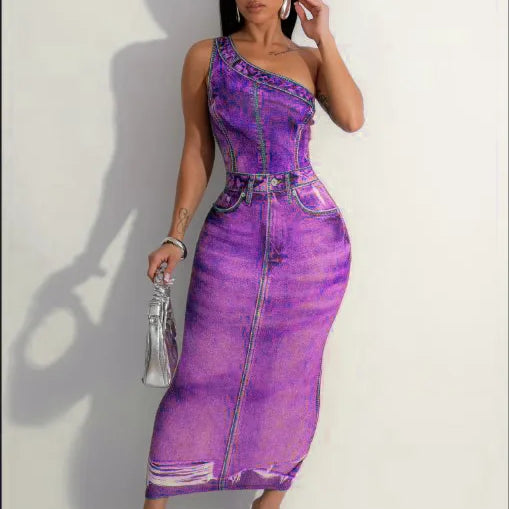 Women Fake Jean 3D Printed One Shoulder Sleeveless Bodycon Midi Maxi Dress 2024 Club Sexy Party Long Dresses Vestido PURPLE