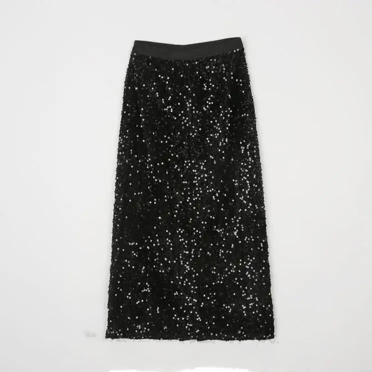 Korean Fashion Sequin Design Long Skirts for Women All Season Ladies Casual Streetwear All Match Sexy Midi Skirt Dropshipping Black One Size