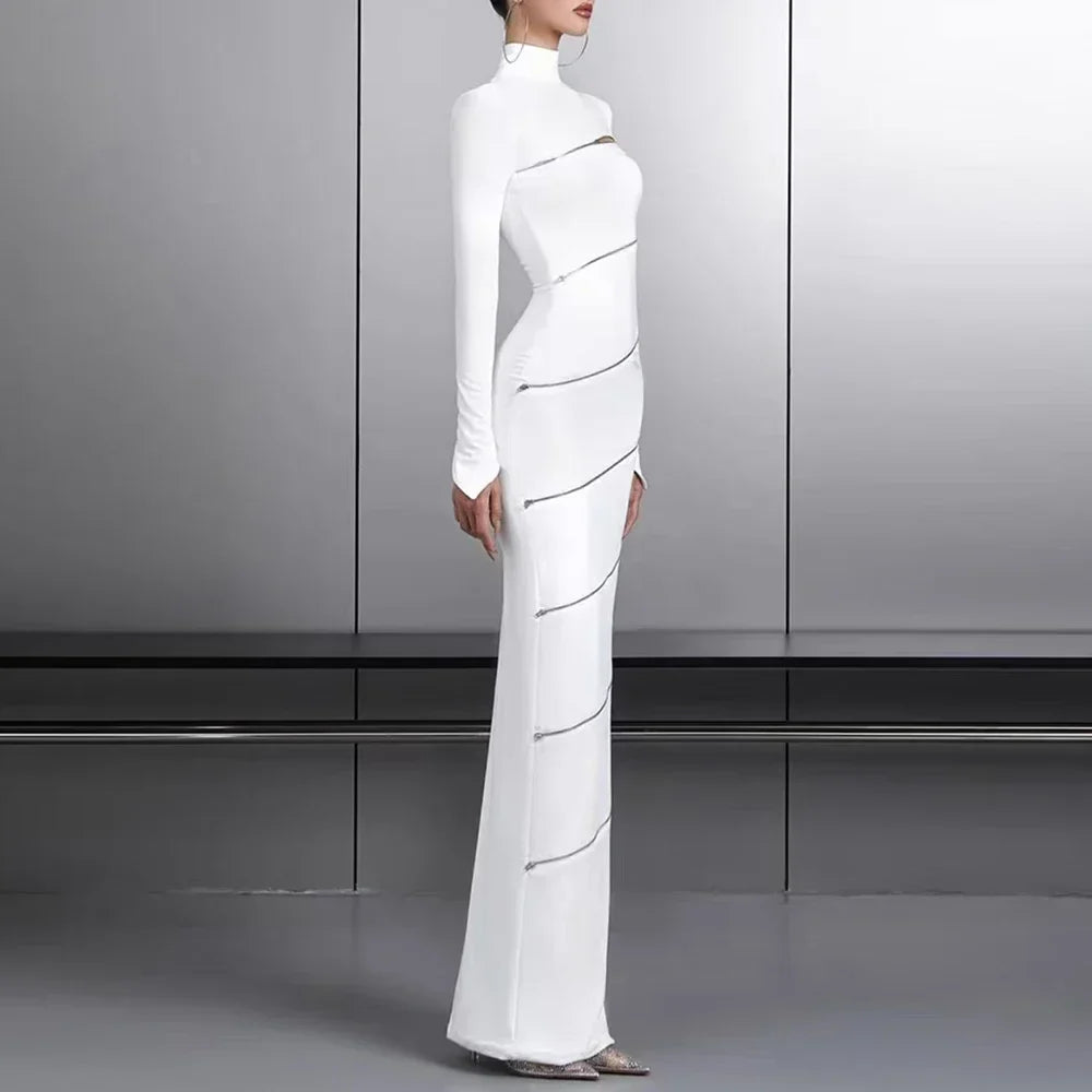 Solid Slimming Spliced Zipper Dress for Women Stand Collar Long Sleeve High Waist Dresses Female Temperament Style