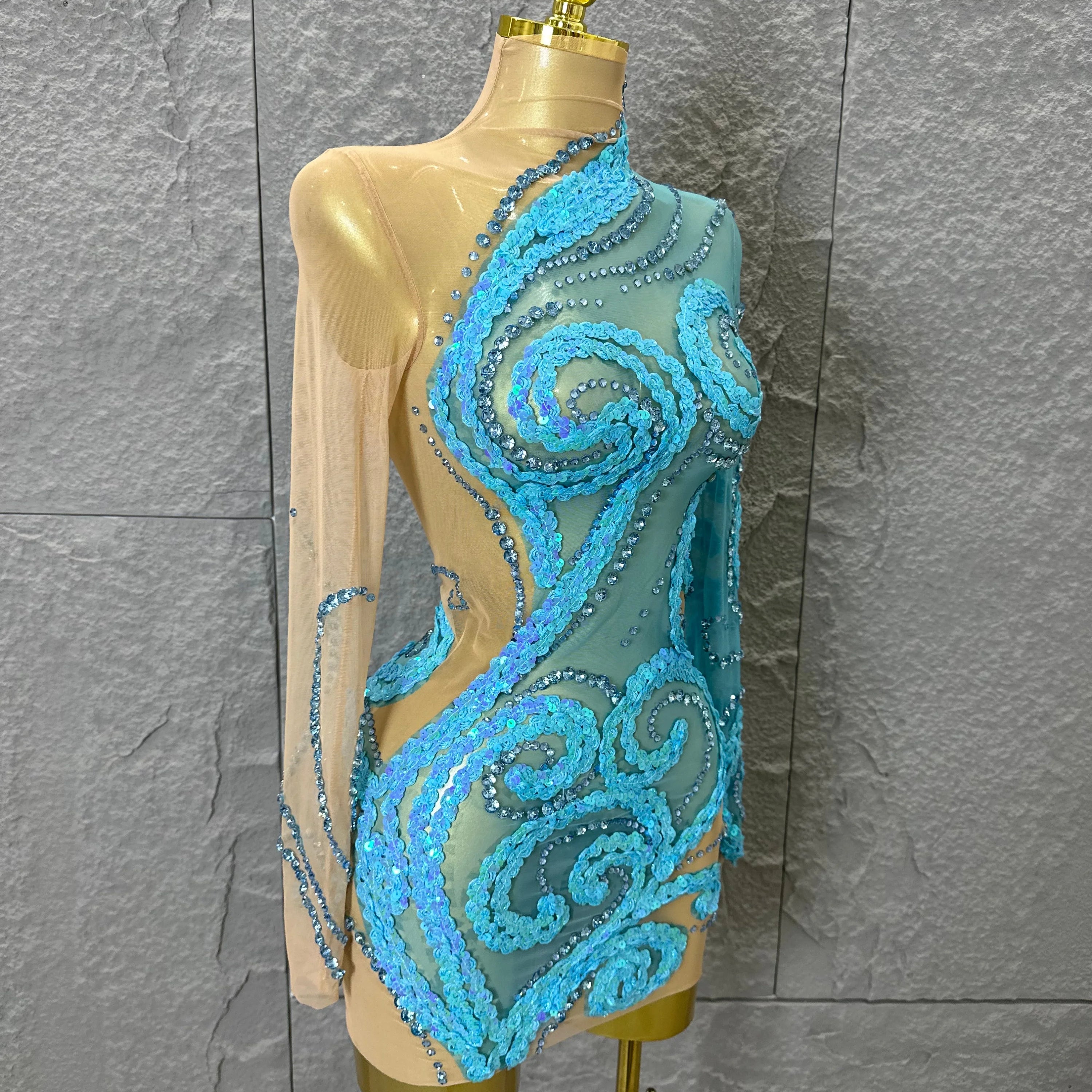 Luxury Sheer Mesh Bodycon Gown Cocktail Party Red Carpet Performance Outfit Elegant Blue Crystal Embellished Mini Dress Women