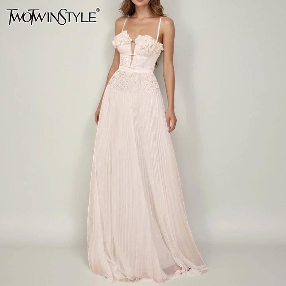 Solid Spliced Appliques Elegant Dresses for Women Deep V Neck Sleeveless Patchwork Folds Dress Female Fashion New