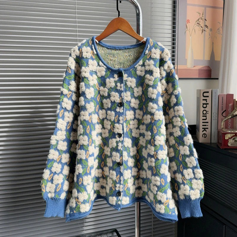 Autumn Winter New Heavy Jacquard Knitted Cardigan For Women Casual Loose High-End Lazy Style Sweater Coat 11A07748 Blue One Size