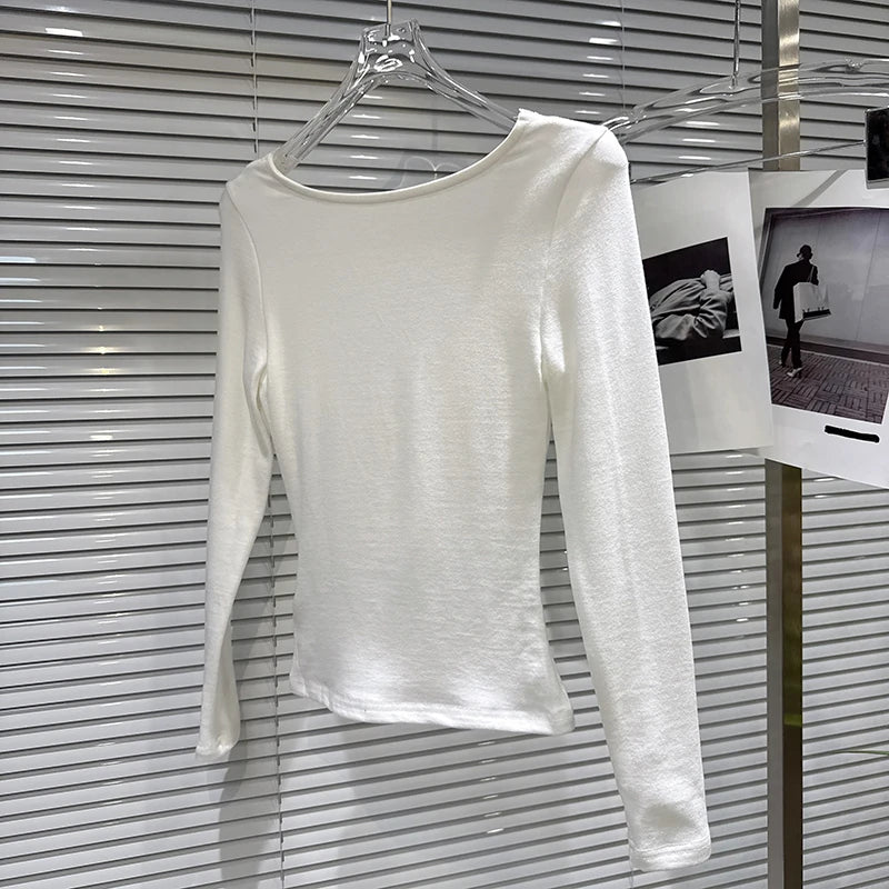 Winter New Fashion V-neck Lace Embroidery Collar Edge Shoulder Pad Base T-shirt For Women Slim Fit Top Female 11A07756