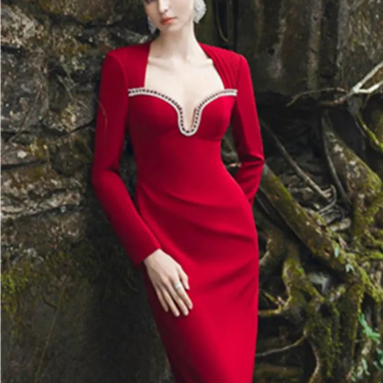Women Celebrity Sexy Long Sleeve Diamonds Red Maxi Long Bandage Bodycon Dress 2025 Elegant Evening Club Party Outfit