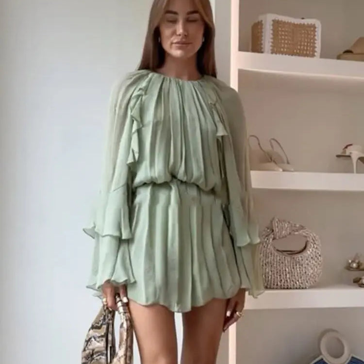 Chiffon Green Ruffles Mini Dresses Women Elegant Long Sleeve A Line Beach Robe Fashion Lady Ruffles Holiday Summer Party Vestido Green