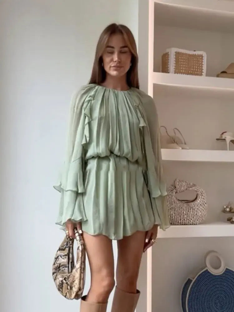 Chiffon Green Ruffles Mini Dresses Women Elegant Long Sleeve A Line Beach Robe Fashion Lady Ruffles Holiday Summer Party Vestido Green