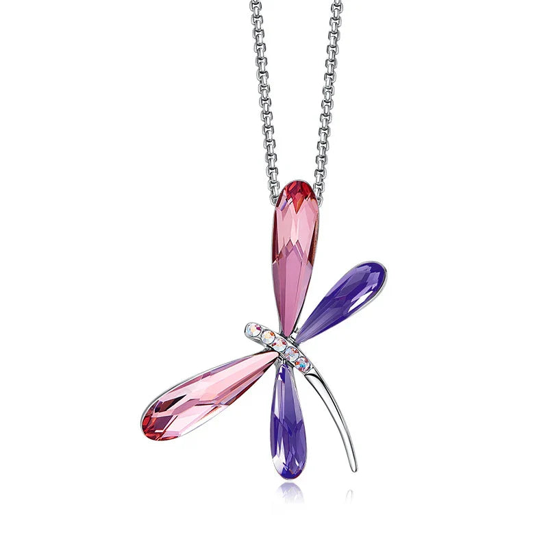 Cute Pink Blue Dragonfly Pendant Necklace for Women Girls Real Austrian Crystals Animal Necklaces Fashion Jewelry Free Shipping Pink Purple