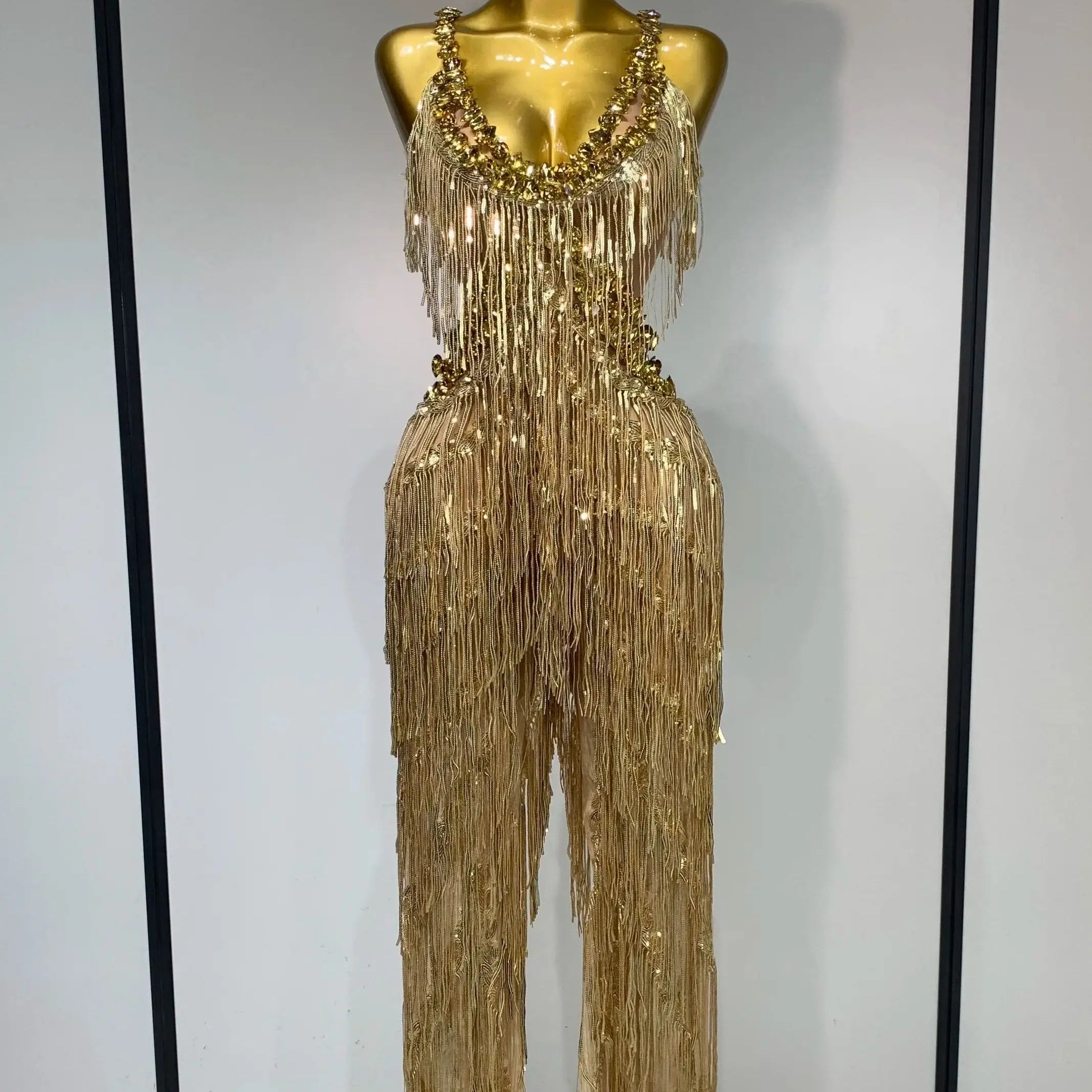 Women Sparkly Glod Rhinestones Sequined Fringe jumpsuit Sexy Nightclub Party Birthday Outfit Show Singer Stage Perform Costume Gold