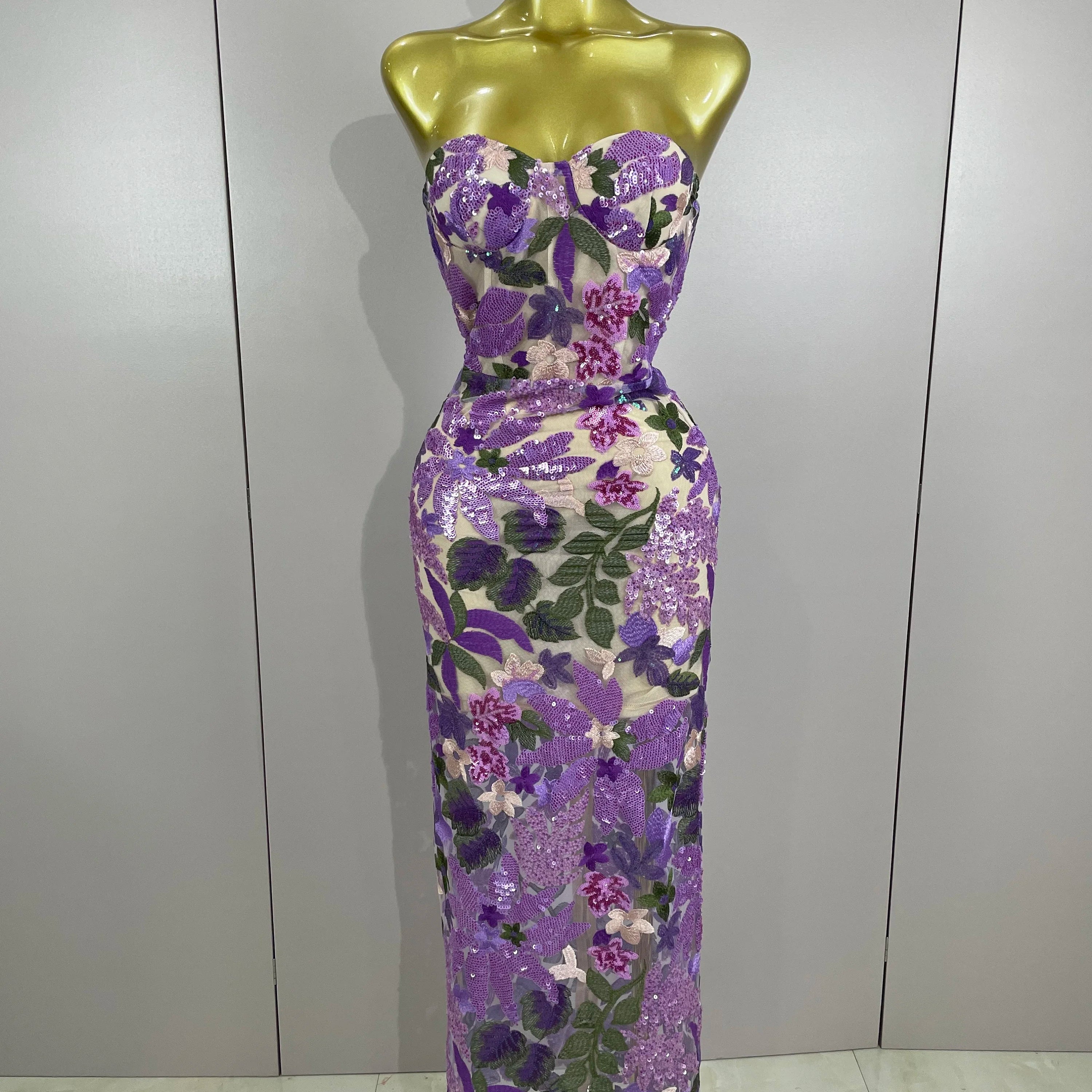 2025 New Sexy Strapless Floral Sequin Long Dress Women Sequins Flower Backless Long Slim Dress Evening Party Runway Gown Dress MULTI