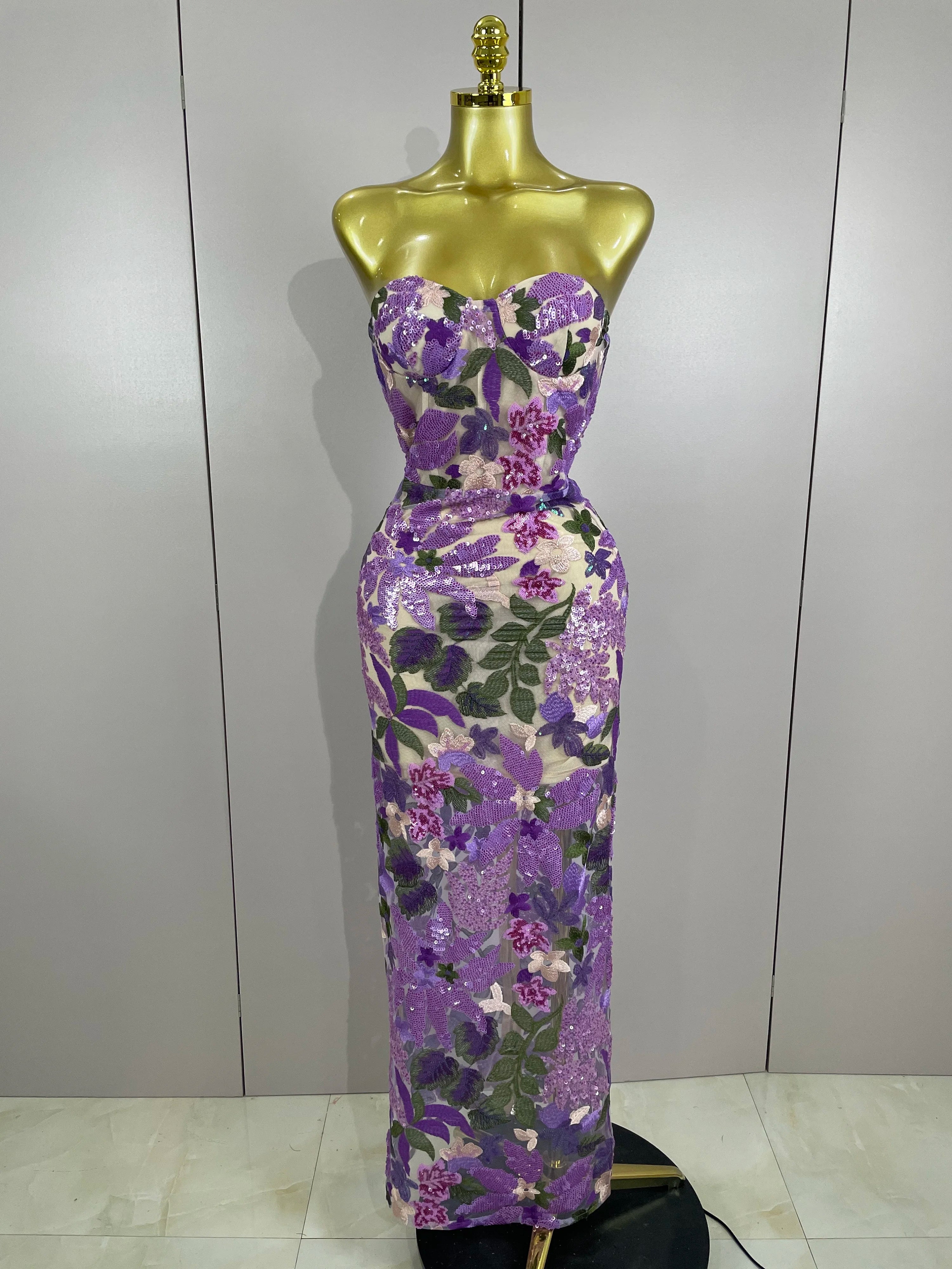 2025 New Sexy Strapless Floral Sequin Long Dress Women Sequins Flower Backless Long Slim Dress Evening Party Runway Gown Dress MULTI