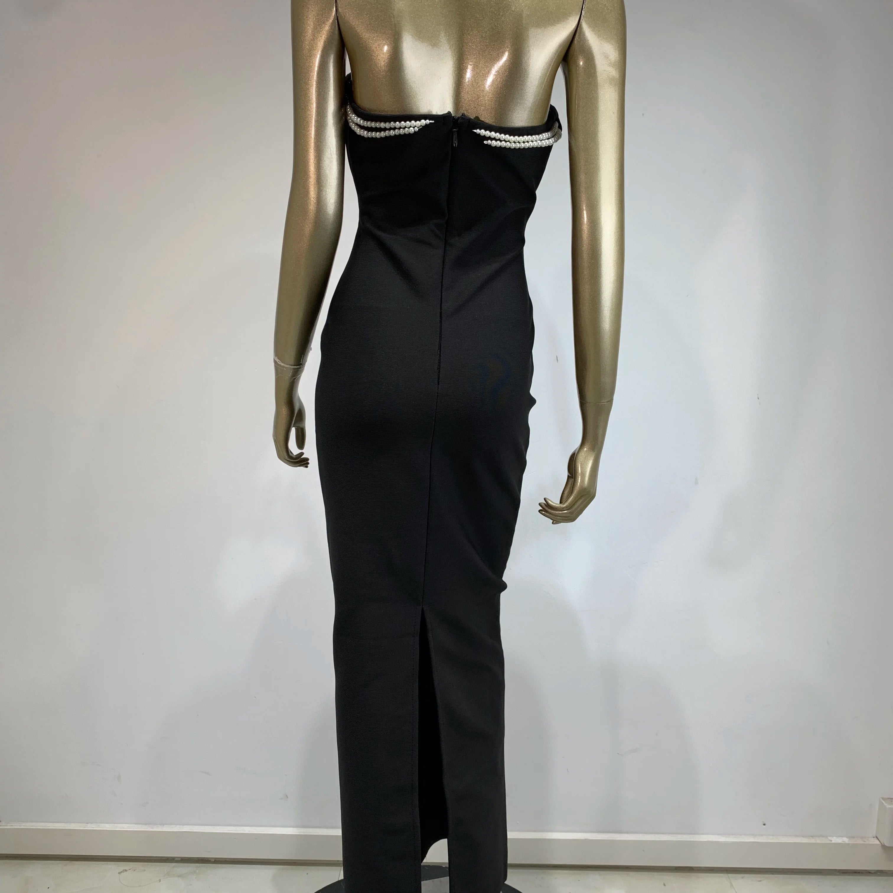 Women Celebrity Sexy Strapless Backless Pearl Black Maxi Long Bodycon Bandage Dress 2025 Elegant Evening Club Party Outfit