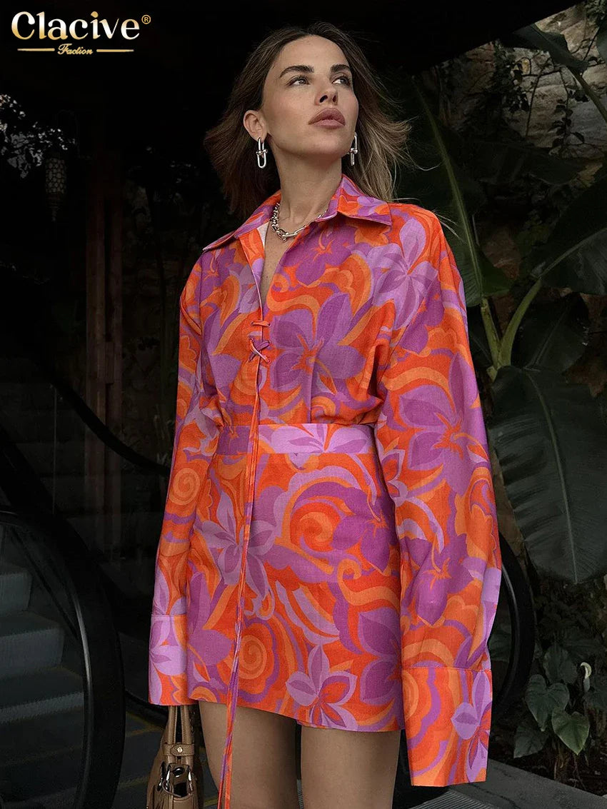 Clacive Fashion Loose Print 2 Piece Sets Women Outfit Elegant Long Sleeve Shirt With High Waist Mini Skirts Set Streetwear Orange
