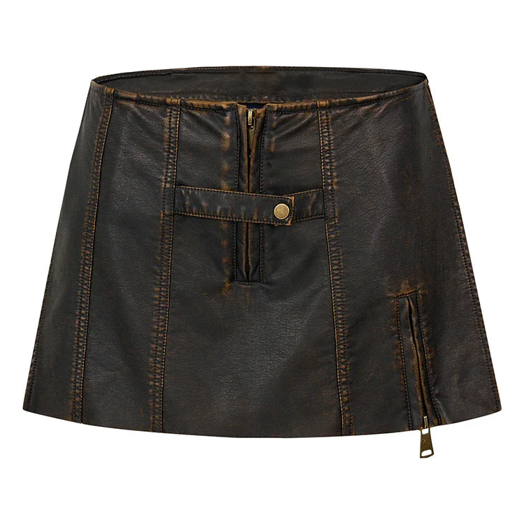 Spring Summer Cool Distressed Brown Pu Leather Mini Skirt Women with Shorts Low Waist Short Luxury Designer Clothes