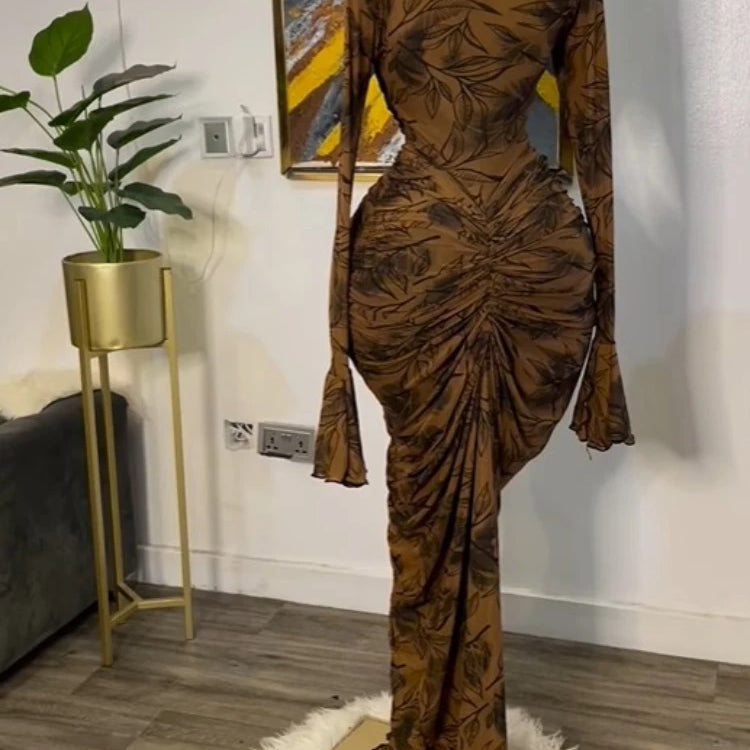 Women Leaf Printed Stacked Ruched Draped V-neck Maxi Long Bodycon Dress 2025 Holiday Birthday Club Party Evening Dresses